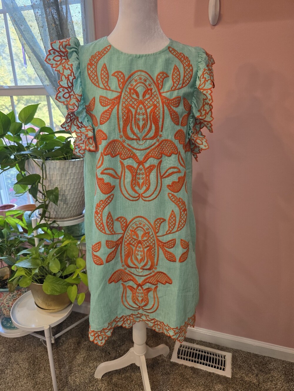 THML Mint Orange Embroidered Flutter Sleeve Shift Dress Size S